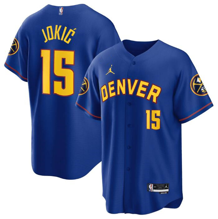 Men's Denver Nuggets #15 Nikola Jokic Blue Stitched Baseball Jersey